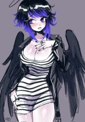 1girls angel_girl angel_wings big_breasts blush breasts cleavage clothed dress fallen_angel female female_only halo jacket kaina_(megrocks) large_breasts leather_jacket megrocks pale_skin purple_eyes purple_hair solo striped_dress tagme white_skin wings