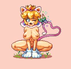 blonde_hair blue_eyes breasts casual cat_ears cat_peach cat_tail exposed_torso female footwear handwear headwear human mario_(series) nintendo nipples noscium nude nude_female pale_skin paper_mario paws pixel_art princess_peach super_mario_3d_world super_paper_mario tippi_(mario)