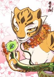 anthro blue_eyes breasts comic cover cover_page dreamworks duo feline female female/female flower kung_fu_panda looking_at_viewer mammal master_tigress master_viper nipples plant reptile scalie snake text tiger yellow_eyes zenmigawa