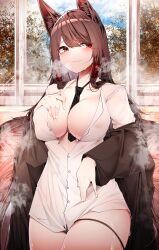 absurdres akagi_(azur_lane) animal_ears azur_lane between_breasts black_necktie blouse breasts brown_hair brown_tail center_opening cleavage female fox_ears fox_girl fox_tail highres kitsune large_breasts long_hair long_sleeves multiple_tails necktie necktie_between_breasts panties red_eyes samip shirt slit_pupils standing steaming_body tail underwear white_shirt