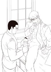 2boys clothed_male_nude_male clothed_on_nude golden_kamuy hajime_tsukishima koito_otonoshin male male/male monochrome on_table outline penis sitting vibrator vibrator_on_penis white_background yaoi