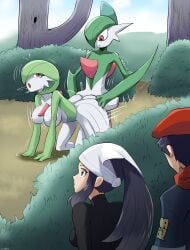 akari_(pokemon) anthro being_watched gallade gardevoir large_breasts pokemon pokemon_(species) pokemon_legends:_arceus pokemon_on_pokemon rei_(pokemon) veiled616