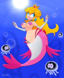 5_fingers big_breasts bikini bikini_top cleavage crown elbow_gloves female female_focus gloves hourglass_figure hyperflannel mario_(series) mermaid midriff nintendo pac-man_eyes pink_tail png princess_peach seashell_bikini seashell_bra shell_bikini shell_bra signature smile super_mario_bros._3 transformation underboob underwater water webbed_hands wide_hips