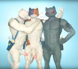 3d_(artwork) anthro arm_tattoo balls calico_cat digital_media_(artwork) domestic_cat epic_games erection eye_scar facial_scar felid feline felis flexing fortnite genitals ghost_meowscles group hand_on_chest hand_on_shoulder male male/male male_only mammal meowscles_(fortnite) mottled muscular muscular_anthro muscular_male nude penis piebald scar shadow_meowscles_(fortnite) sky_chaser source_filmmaker tattoo trio video_games