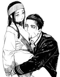 1boy 1girls ainu_clothes asirpa female golden_kamuy male monochrome ogata_hyakunosuke tagme