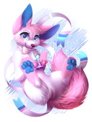 absurd_res bloominglynx blush cute cute_fangs eeveelution fangs female feral generation_6_pokemon genitals heart-shaped_pupils hi_res looking_at_viewer nintendo pawpads paws pink_fur pokémon_(species) pokemon pussy solo sylveon video_games white_fur wholesome