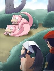 akari_(pokemon) game_freak interspecies nintendo outdoors pokemon pokemon_legends:_arceus rei_(pokemon) slowpoke veiled616