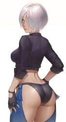 1girls 2022 angel_(kof) ass assless_chaps black_jacket blue_eyes breasts chaps cheshirrr female hair_over_one_eye hips jacket king_of_fighters large_ass large_breasts short_hair sideboob simple_background slim_waist snk thick_thighs thighs tongue tongue_out white_background white_hair wide_hips