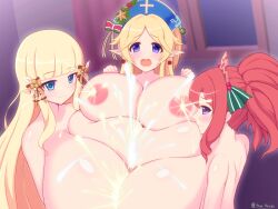 3girls big_breasts breasts cum huge_breasts hyper_breasts lactation large_breasts paizuri princess_connect! tagu_hblabe triple_paizuri