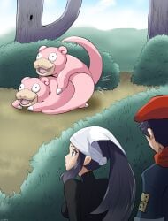 akari_(pokemon) game_freak interspecies nintendo outdoors pokemon pokemon_legends:_arceus rei_(pokemon) slowpoke veiled616