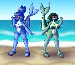 anthro beach big_breasts blue_body blue_eyes blue_hair breasts duo eyewear female female/female fin fish fish_tail genitals green_body green_eyes green_hair hair hi_res mackerel_(fish) marine public public_nudity pussy sandals scombrid scombriform sea seaside sprucy sunglasses water