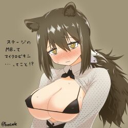 animal_ears arknights bikini bikini_under_clothes black_bikini black_ribbon blush breasts breasts_out brown_background brown_hair cleavage covered_nipples female freetirole highres large_breasts micro_bikini multicolored_hair neck_ribbon open_clothes open_shirt polka_dot polka_dot_shirt ponytail raccoon_ears ribbon robin_(arknights) shiny shiny_hair shirt simple_background solo streaked_hair sweat swimsuit twitter_username upper_body white_hair white_shirt yellow_eyes