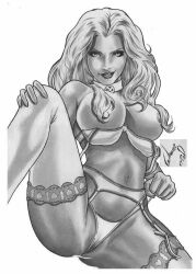 black_and_white blonde_hair breasts curvy emma_frost garter_belt hair_covering_breasts hellfire_club huge_breasts lingerie looking_at_viewer marvel marvel_comics panties thick_thighs thighhighs thong topless topless_female wagner_reis white_queen x-men