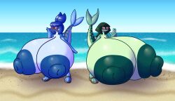 absurd_res anthro areola beach big_areola big_breasts blue_body blue_eyes blue_hair breasts duo eyewear female female/female fin fish fish_tail green_body green_eyes green_hair hair hi_res huge_areola huge_breasts huge_nipples hyper hyper_breasts mackerel_(fish) marine nipples public public_nudity puffy_areola puffy_nipples sandals scombrid scombriform sea seaside sprucy sunglasses water