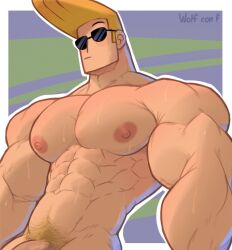 1boy abs blonde_hair cartoon_network flaccid johnny_bravo johnny_bravo_(series) male male_nipples male_only male_pubic_hair muscles muscular_male nude pecs solo sunglasses wolf_con_f