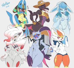 6girls :< anthro anthrofied big_breasts blush breasts canid canine canis cinderace clothing eeveelution featureless_breasts featureless_crotch female female_only fur furry glaceon group hisuian_zoroark lagomorph looking_at_viewer lucario multiple_girls nintendo no_nipples pokemon pokemon_(species) pokemon_legends:_arceus salazzle scalie skykain sneasler tagme tail thick_thighs zoroark