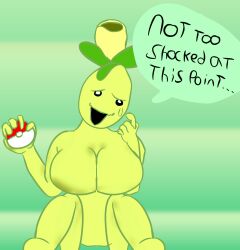 anthro beerbattergames big_breasts breasts dialogue english_text featureless_breasts female first_porn_of_character front_view happy hi_res looking_at_viewer nintendo no_nipples nude pokéball pokémon pokémon_(species) pokemon pokemon_sv smoliv solo speech_bubble text thick_thighs thighs video_games