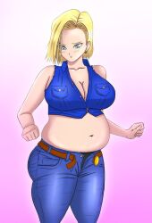 1girls android_18 bbw belly bellywg big_belly big_breasts blonde_hair breasts chubby chubby_female cleavage dragon_ball dragon_ball_z fat fat_woman female huge_breasts overweight overweight_female solo_female