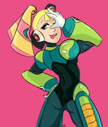 1girls ass blonde_hair capcom mega_man mega_man_x pallette petite ratprt robot robot_girl solo suggestive tongue_out wink