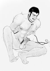 1boy balls ballsack erection facial_hair forced_lactation foreskin golden_kamuy intact lactating male male_nipples male_only male_pubic_hair monochrome muscular_male penis precum precum_drip retracted_foreskin scrotum scruffy_beard sideburns solo tanigaki_genjirou testicles uncut veiny_penis