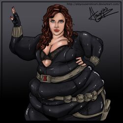 1girls aloysius bbw big_breasts black_widow_(marvel) bodysuit bra breasts cleavage fat female marvel marvel_cinematic_universe natasha_romanoff obese overweight red_hair skintight solo_female thick_thighs thighs thunder_thighs weight_gain