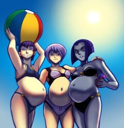 3girls asian asian_female beach belly big_belly bikini blue_hair breasts dc_comics female female_only ghost_in_the_shell kusanagi_motoko multiple_pregnancies olympic-dames pregnant purple_hair rachel_roth raven_(dc) sabine_wren star_wars star_wars_rebels tagme teen_titans