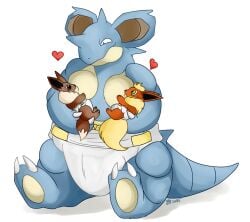 ageplay anthro breastfeeding brown_fur claws diaper eevee eeveelution flareon furry heart lactation nelsonnoir nidoqueen pokemon pokemon_(species) pokemon_rgby scalie