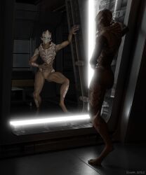 2_toes 3_fingers absurd_res alien ass facial_markings feet female fingers genitals head_markings hi_res humanoid leaning_on_wall light mandibles markings mass_effect metal_floor metal_wall mirror mirror_reflection muscle_tone pussy reflection scoota solo toes turian valenea_oroso video_games