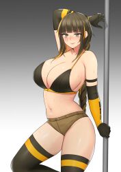 absurdres arm_over_head arms_behind_back bangs bikini bikini_shorts bikini_top_only blush braid braided_ponytail breasts brown_eyes brown_hair cleavage collarbone elbow_gloves eyebrows_visible_through_hair female girls'_frontline gloves gradient gradient_background highres huge_breasts m16a1_(girls'_frontline) mole mole_under_eye multicolored_hair navel pole pole_dancing samyukgoo369 scar scar_across_eye scar_on_face shorts sideboob simple_background solo stomach streaked_hair sweat swimsuit thick_thighs thighhighs thighs two-tone_hair