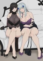 2girls bag bangs black_gloves black_hair blunt_bangs braid breasts brown_eyes cleavage couch crossed_legs dress elbow_gloves eyepatch girls'_frontline gloves green_eyes handbag high_heels highres hk416_(girls'_frontline) large_breasts long_hair looking_at_viewer m16a1_(girls'_frontline) multiple_girls samiri silver_hair sitting strap_slip teardrop_tattoo tight tight_dress v