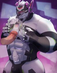 2022 7575el abs anthro armor bodysuit bulge censored chest_tuft claws clothed clothing cybernetics digital_drawing_(artwork) digital_media_(artwork) duo enigma_(tokyo_afterschool_summoners) finger_claws fur futuristic gay genitals geometric_background green_sclera grid_background heart hi_res human human_on_anthro interspecies japanese_text lifewonders machine male male/male male_on_anthro male_only mammal mask mosaic mosaic_censorship motion_blur motion_lines muscular muscular_anthro muscular_male open_mouth pattern_background pecjob pecs penis polar_bear red_eyes sex simple_background skinsuit standing text tight_clothing tokyo_afterschool_summoners translation_request tuft ursid ursine video_games white_body white_fur yaoi