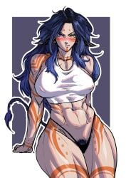 1girls abs bare_midriff black_g-string blue_hair blue_pubic_hair blue_tail body_markings cat_ears face_markings frown g-string heterochromia long_blue_hair long_hair looking_at_viewer muscles muscular muscular_female muscular_shoulders muscular_thighs nipple_bulge no_bra orange_markings pubic_hair_peek purple_eyes tail tank_top thin_eyebrows virgoart1509 white_tank_top yellow_eyes