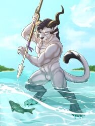 2022 4_ears 4_horns absurd_res anthro beach charr claws detailed_background felid female fish fishing flat_chested fur genitals guild_wars hi_res horn khurje mammal marine melee_weapon multi_ear multi_horn muscular muscular_female nude polearm pussy sea seaside solo spear standing video_games water weapon white_body white_fur