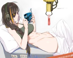 abs ahoge amputee android bangs beijuu blanket blunt_bangs bottomless braid breasts brown_eyes brown_hair cleavage commentary eyepatch female from_side girls'_frontline golgo_13 groin headband headphones large_breasts lying m16a1_(girls'_frontline) machinery manga_(object) multicolored_hair on_back pillow reading scar scar_across_eye scar_on_face shadow smile solo streaked_hair tank_top toned