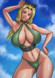 1girls bare_arms bare_legs bare_shoulders belly big_breasts bikini bikini_bottom bikini_top blonde_hair boruto:_naruto_next_generations brown_eyes busty cleavage clothing derushy female female_focus female_only forehead_jewel forehead_mark green_bikini green_panties green_swimsuit inner_sideboob large_breasts light-skinned_female light_skin looking_at_viewer mature mature_female milf naruto naruto_(classic) naruto_(series) naruto_shippuden panties ponytail pose posing shounen_jump skimpy skimpy_bikini solo solo_female solo_focus standing sunglasses sunglasses_on_head swimsuit thick_thighs thighs thong tied_hair tsunade voluptuous wide_hips