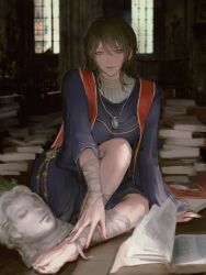 1girls bandage big_breasts breasts clothing dress elden_ring feet female female_only foot_fetish fromsoftware hachiji800 legs_up painting_(artwork) solo sorceress_sellen teacher thighs toes upskirt
