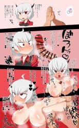 1boy 1girls arm_grab blush bouncing_breasts chasocha comic demon demon_girl demon_horns from_behind fucked_silly heart-shaped_pupils helltaker horns huge_cock large_breasts malina_(helltaker) nude paizuri red_eyes sex sweat white_hair