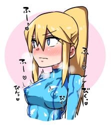 1girls blonde_hair blush bodysuit chasocha heart-shaped_pupils large_breasts long_hair metroid nintendo nipples_visible_through_clothing ponytail samus_aran solo tomboy zero_suit zero_suit_samus