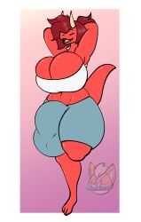 anthro big_breasts big_bulge breasts bulge clothing drago_(reddrago) dragon drakkmac gynomorph hi_res horn huge_bulge hyper hyper_bulge intersex open_mouth raised_leg red_body reptile scalie shirt solo topwear white_clothing white_shirt white_topwear