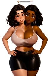 2_heads 2girls afro-latina afro-latino ai_art ai_generated black_pants black_pantyhose black_shorts bra brown_eyes brown_hair brown_skin chocolate_and_caramel cleavage conjoined conjoined_twins curly_hair curvy curvy_female dark-skinned_female dark_skin facing_viewer female female/female female_only hands_on_ass identical_twins interracial interracial_twins large_breasts light-skinned_female light_skin looking_at_viewer low_cut_top multi_head same_face seaart.ai siamese_twins sisters stuck_together swago3789 tan_skin thick thick_hips thick_legs thick_thighs thin_waist translucent_bra translucent_topwear twin_sisters twins two_tone_body two_tone_skin underwear viewer_perspective wavy_hair white_bra wide_hips