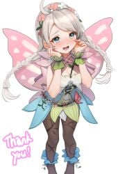 1girls absurdres ahoge alternate_costume blue_eyes braid breasts butterfly_wings capelet cleavage commission fairy_wings female female_only fire_emblem fire_emblem_fates fire_emblem_heroes flower got0_naisho gradient_clothes green_bracelet grey_hair hair_vines hairband hands_on_own_face highres insect_wings leaf_bracelet long_hair low_twin_braids low_twintails medium_breasts nina_(fire_emblem) nina_(resplendent)_(fire_emblem) nintendo non-web_source official_alternate_costume open_mouth parted_bangs pink_capelet pink_flower skeb_commission solo thank_you twin_braids twintails vine_belt vine_bracelet vine_harness vine_print white_flower wings