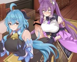 1futa 1girls blue_hair clothed clothing futa_on_female futanari ganyu_(genshin_impact) genshin_impact hoyoverse keqing_(genshin_impact) penis purple_hair zado_(rinaai_airina)