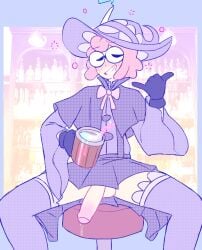 1boy alcohol amaruu balls blush bowtie drunk eyewear femboy glasses headgear hi_res legwear mage magic_user male male_only nat_(amaruu) original original_character penis penis_out penis_under_skirt round_glasses sitting sitting_on_chair skirt socks solo solo_focus substance_intoxication thighhighs tipsy wizard wizard_hat