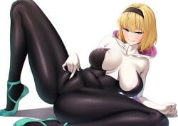 1girls alternate_breast_size ballet_boots big_breasts blonde_hair blue_eyes blush bodysuit cameltoe clothed female female_only fingering fingering_pussy fingering_self gwen_stacy hairband headband hood_down marvel masturbation masturbation_through_clothing skin_tight smile smiling solo spider-gwen spread_legs superheroine thore_(nathalukpol)