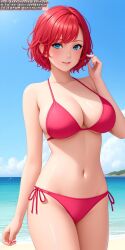 ai_generated anime anime_style beach beach_background big_breasts blue_eyes bra breasts female female_only girl panties pink_swimsuit red_bra red_hair red_panties red_underwear sea soli_sketch solo swimsuit thick_thighs underwear underwear_only white_skin