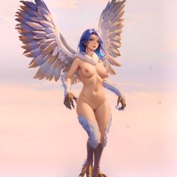 ai_generated bird bird_girl bird_legs bird_wings birdgirl blue blue_eyes blue_hair breeders_of_the_nephelym female full_body furry furry_legs gold harpy human_face humanoid monster_girl nephelym nude nude_female royal stable_diffusion talons yellow_skin