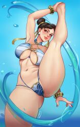 1girls 2022 breasts brown_eyes brown_hair capcom chun-li chun-li_(street_fighter_6) edemevas female female_only hips large_breasts looking_at_viewer low-angle_view short_hair slim_waist smile standing_split street_fighter street_fighter_6 thick_thighs thighs twin_buns watermark wide_hips