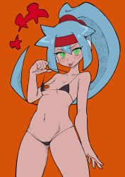 1girls ashe_(megaman_zx) black_underwear blue_hair blush bra_pull breasts buzzlyears female green_eyes headband headphones heart light-skinned_female light_skin long_hair mega_man mega_man_zx_advent nipple_bulge pasties ponytail presenting presenting_breasts small_breasts solo solo_female tongue_out underwear