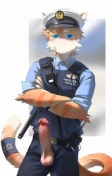 anthro balls blue_eyes bottomwear clothing domestic_cat erection felid feline felis fur genitals guaishoudm1 hair hat headgear headwear hi_res humanoid_genitalia humanoid_penis looking_at_viewer male mammal pants penis police police_officer police_uniform shirt solo striped_body striped_fur stripes tail topwear uniform unprofessional_behavior