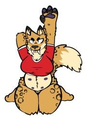 anthro bottomless canid canine clothed clothing fangs felid feline female genitals hi_res kneeling machairodontine mammal multi_nipple nipples pussy sabertoothed_cat shirt solo stretching t-shirt topwear trout_(artist)